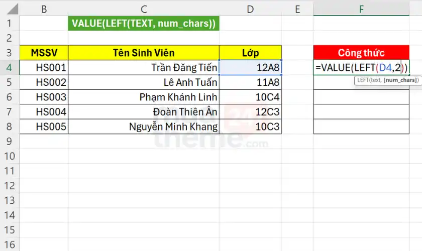 Hàm LEFT trong Excel: Cách dùng, cú pháp và ví dụ minh họa chi tiết