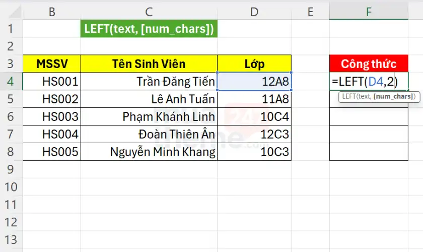 Hàm LEFT trong Excel: Cách dùng, cú pháp và ví dụ minh họa chi tiết
